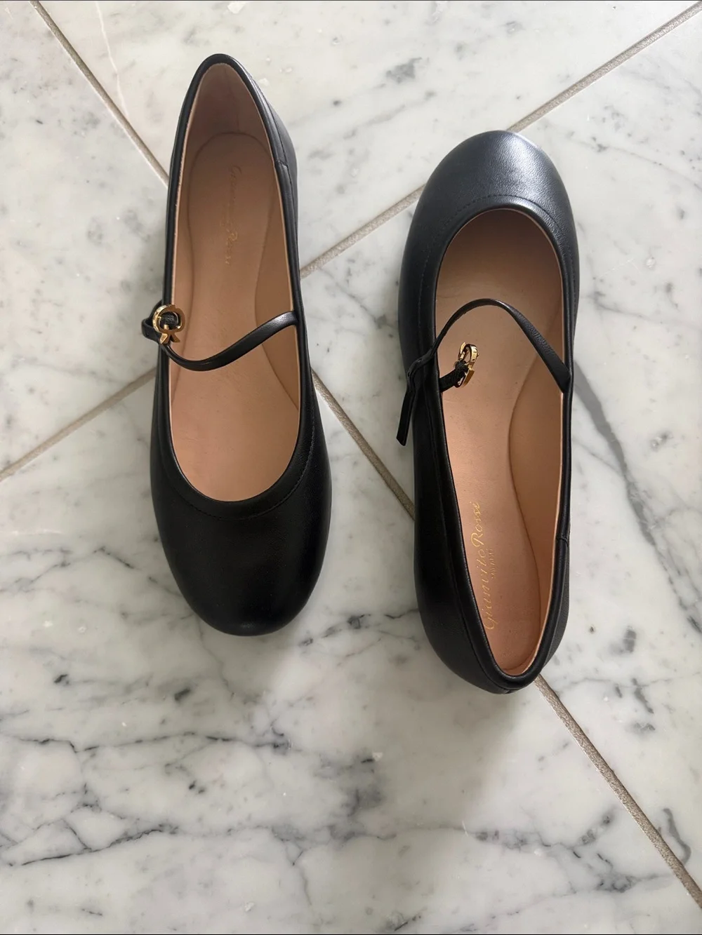 Gianvito Rossi Black Leather Mary Jane Flats with Gold Buckle - Picture 1 of 3